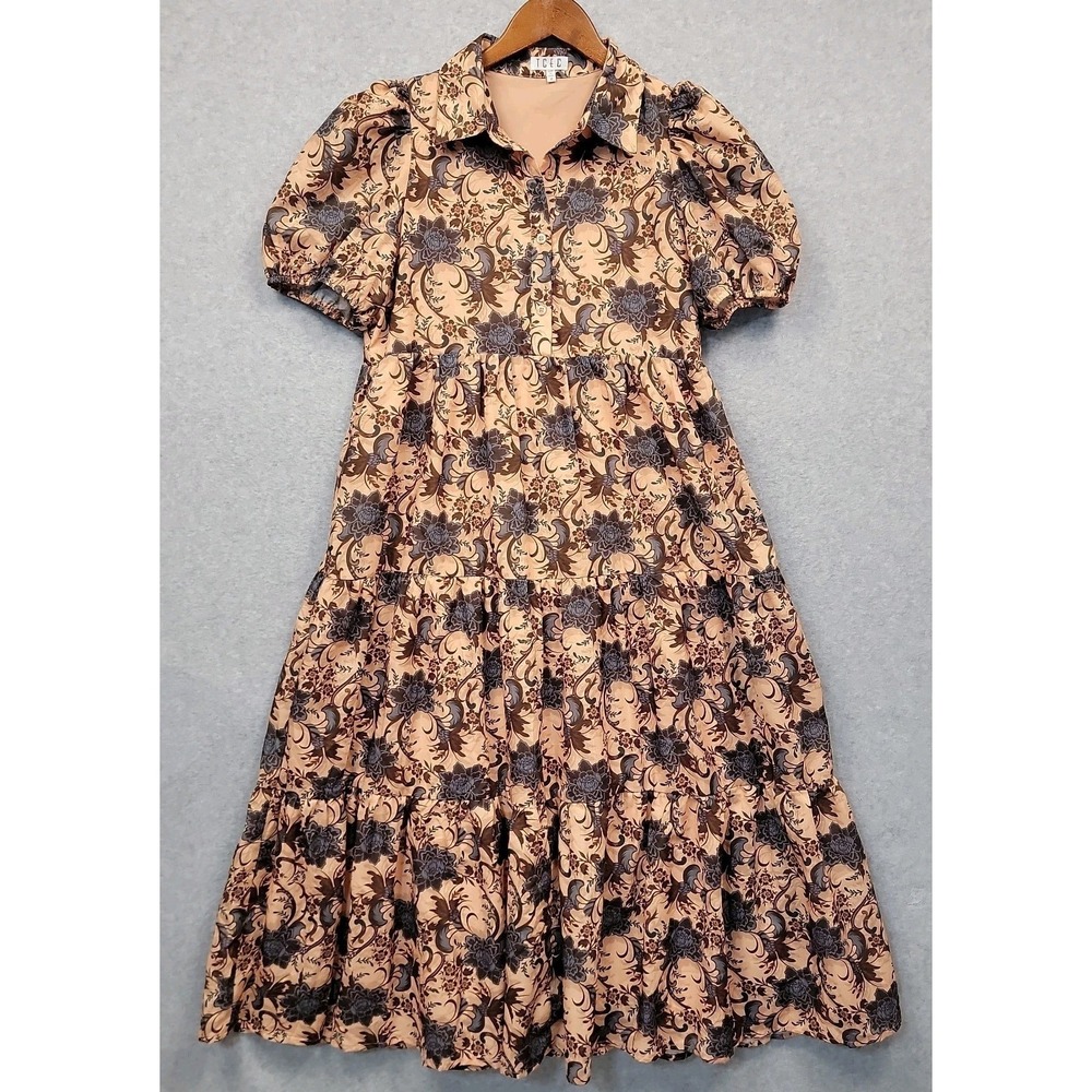 TCEC Tan Floral Damask Tiered Maxi Dress Puff Sleeve Dark Floral Romantic Sz M